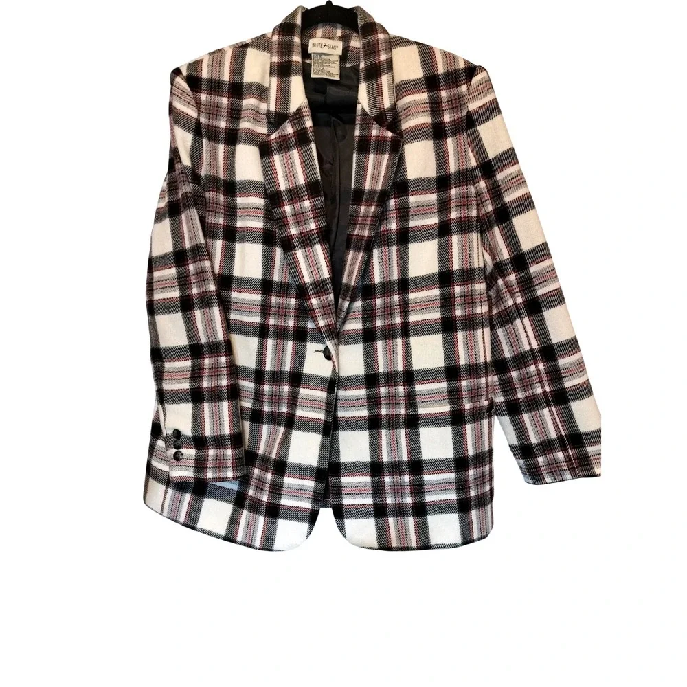 VTG White Stag Women's Size 12 Plaid Wool Blend Blazer Black Red Cream Color
